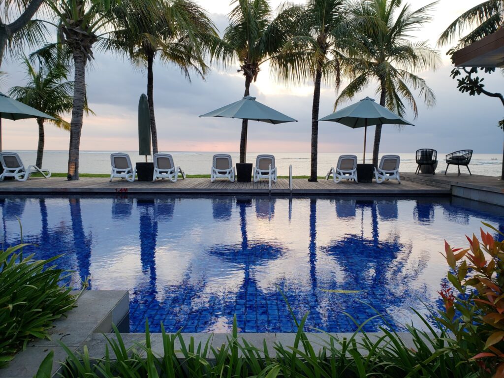 Pool and ocean views at Anvaya Beach Resort in Kuta, Bali
