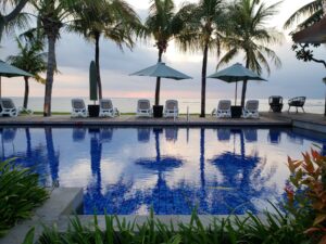 Pool and ocean views at Anvaya Beach Resort in Kuta, Bali