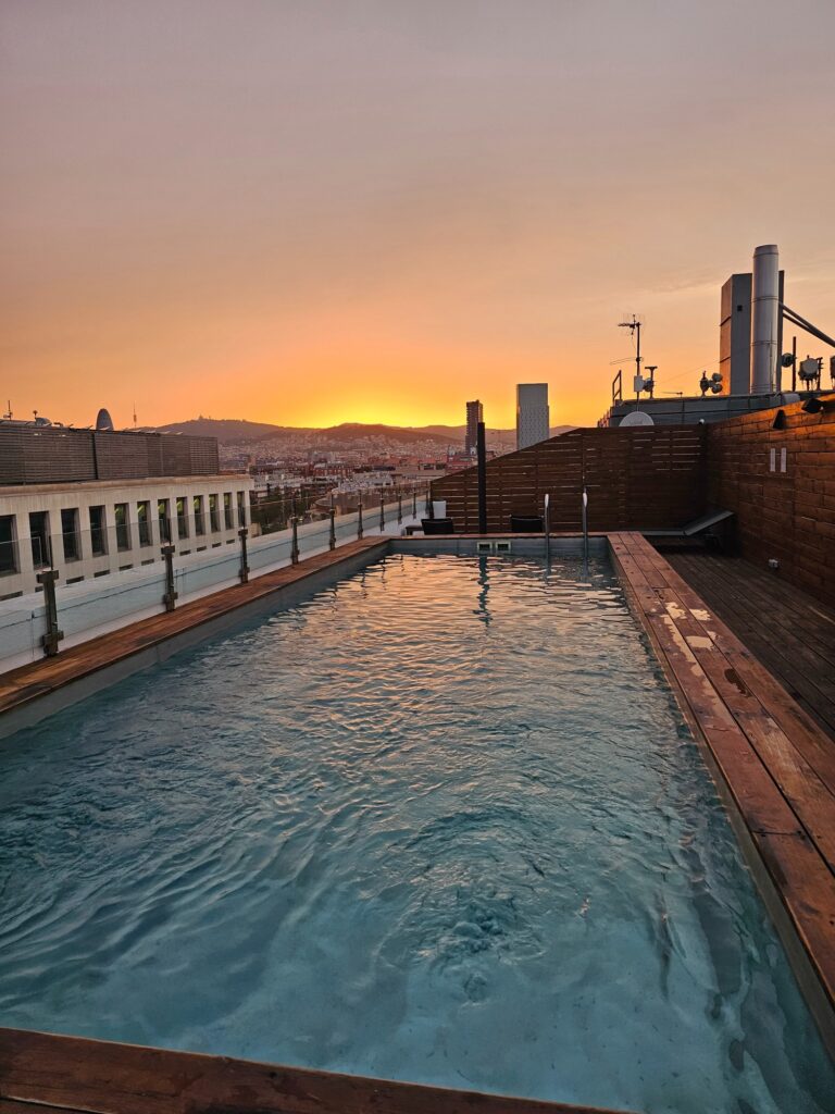 Sunset pool views from EuroHotel Diagonal Port in Barcelona, Spain