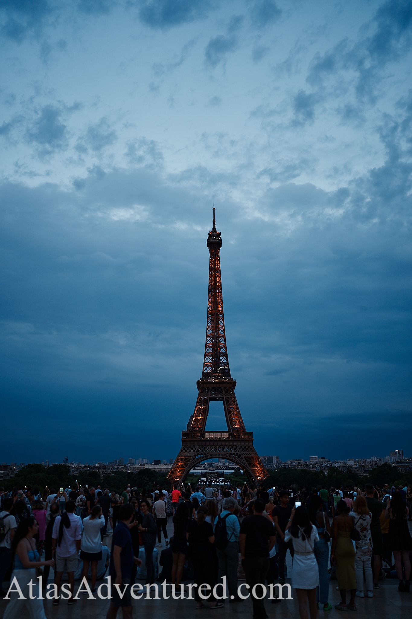 The Eiffel Tower lit up at night