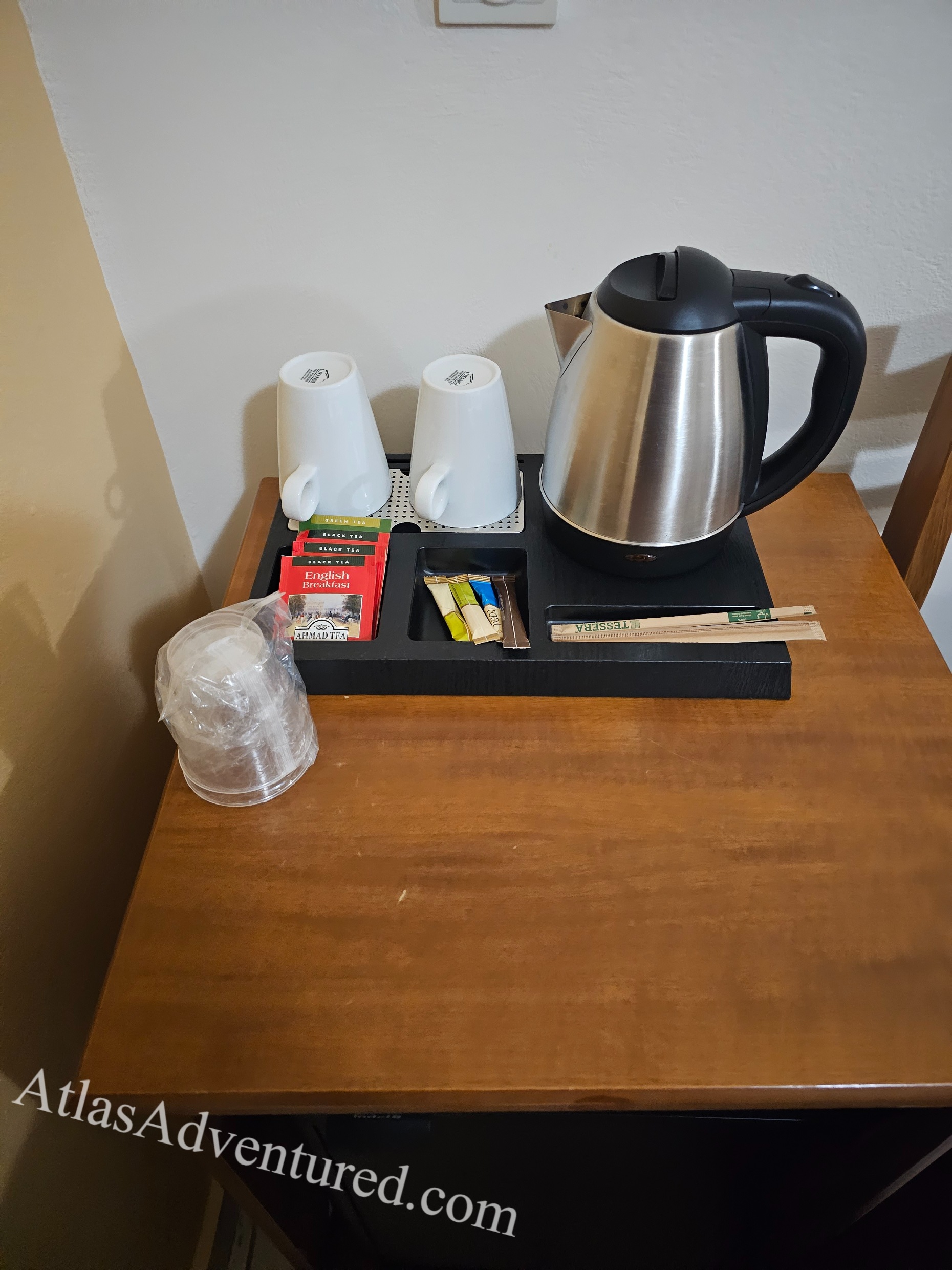 Tea and coffee station inside room at Sunny Bay Hotel in Kissamos, Crete