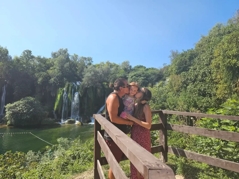 AtlasAdventured family at Kravice Falls in Bosnia and Herzegovina