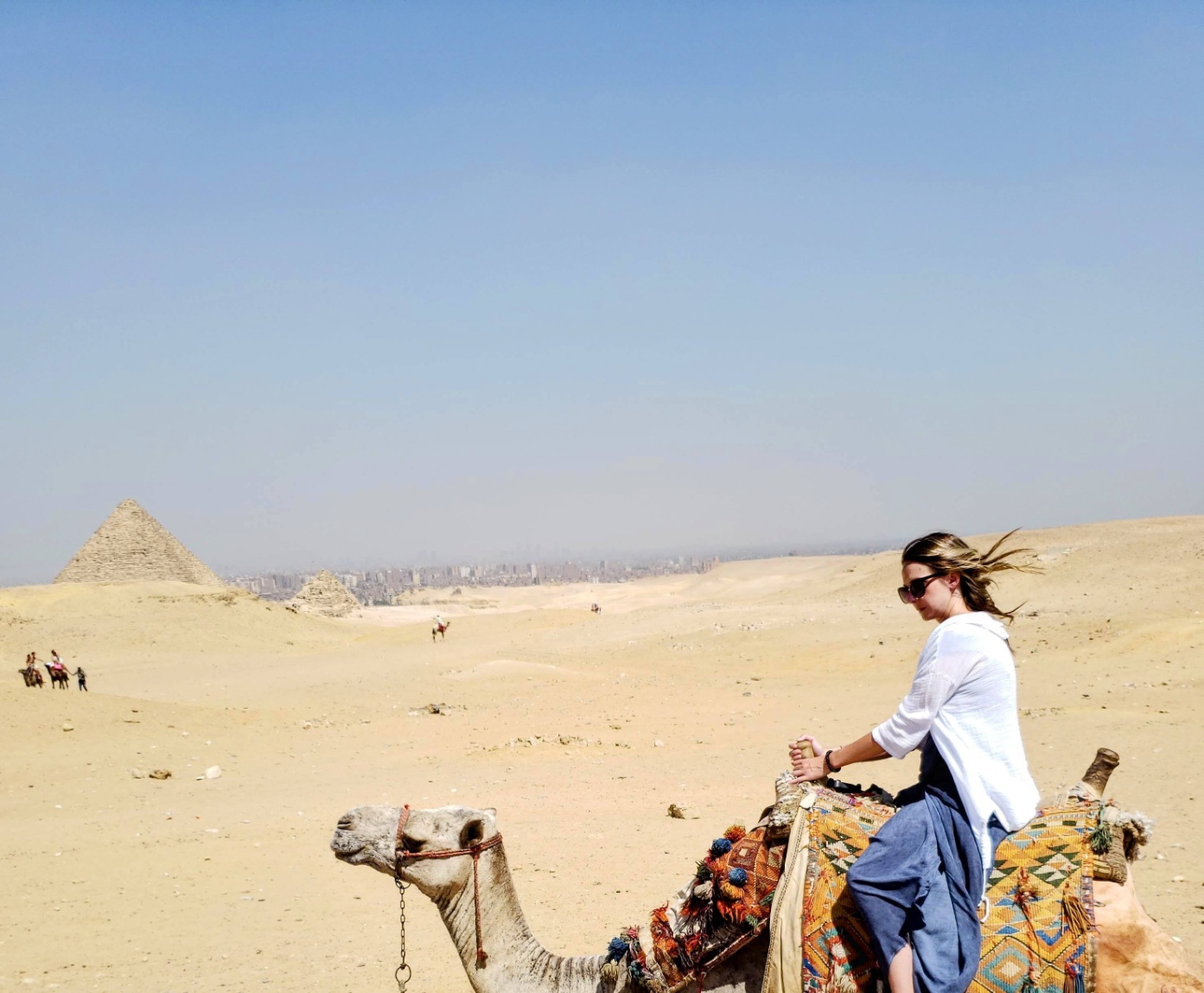 Sara on a camel ride at Pyramids of Giza in Egypt