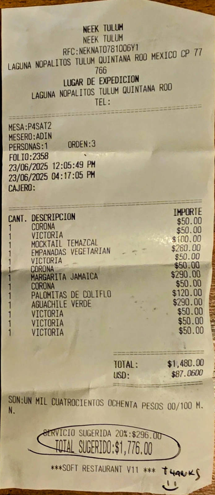 Watch out for automatically added tip at restaurants in Tulum Mexico