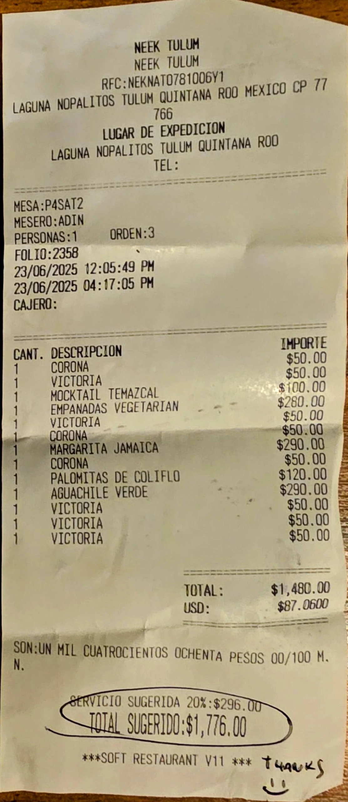 Watch out for automatically added tip at restaurants in Tulum Mexico