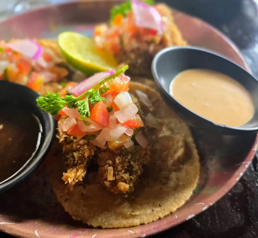 Amazing flavors in these Fried Avocado Tacos at Onyx Restaurant in Tulum Mexico