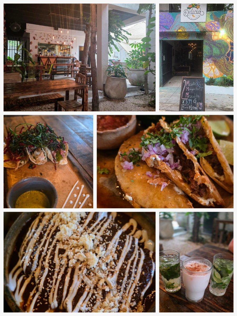 Inside and outside views along with tacos, mole, and horchata from Delicia de mi Terra in Tulum