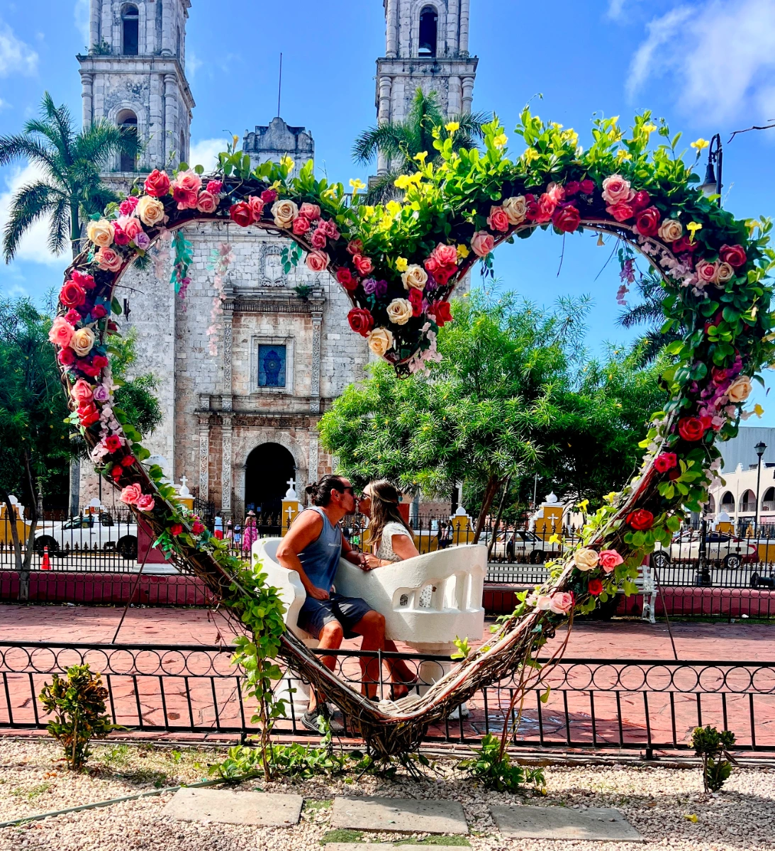 Photo op in front of cathedral in our Valladolid Mexico Travel Guide