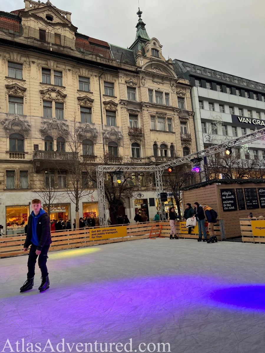 walking around Wenceslas Square (Václavské náměstí) and ice skating rink during Prague Czechia Christmas Market