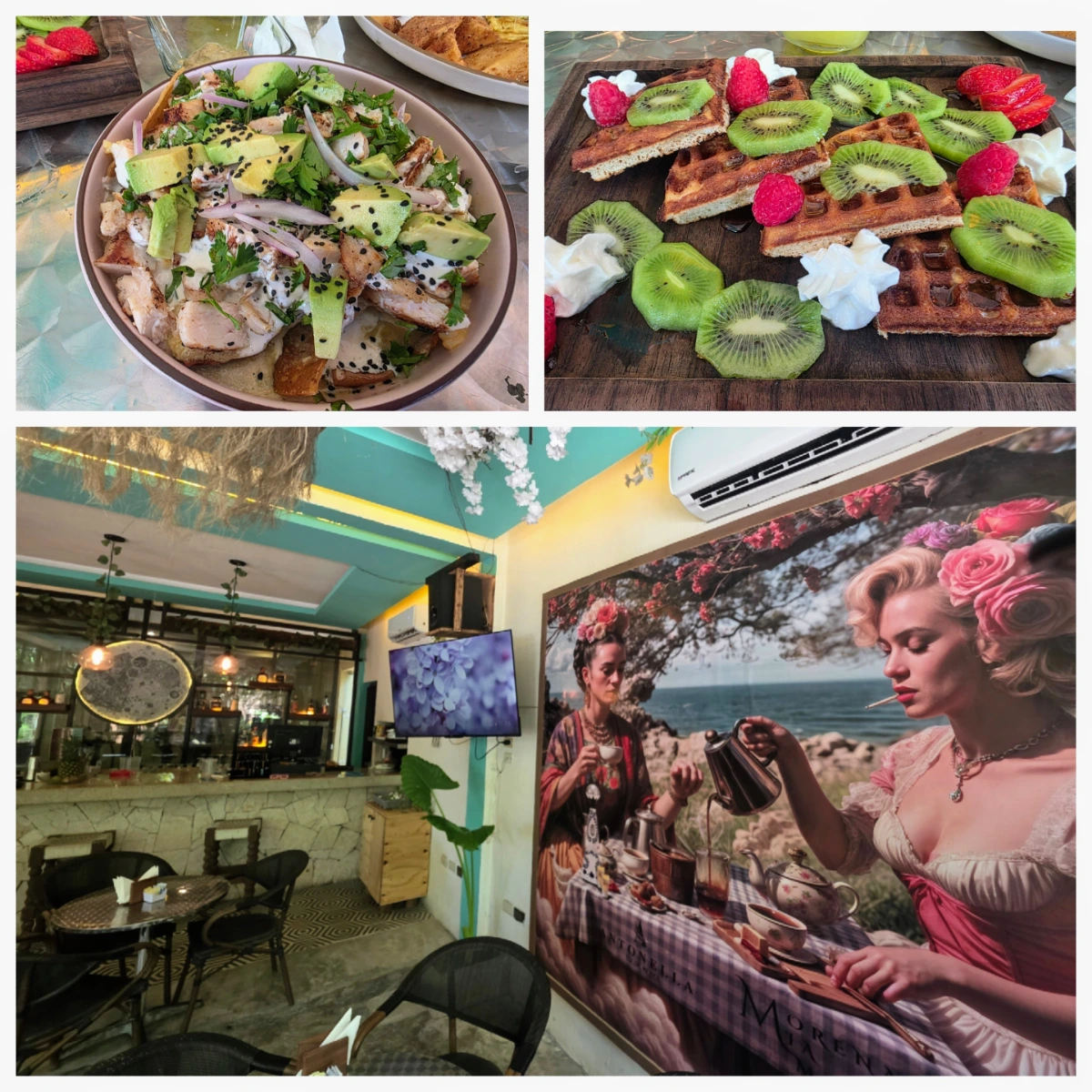 Antonella Brunch. Chilaquiles. Waffles. Cool artwork and interior.