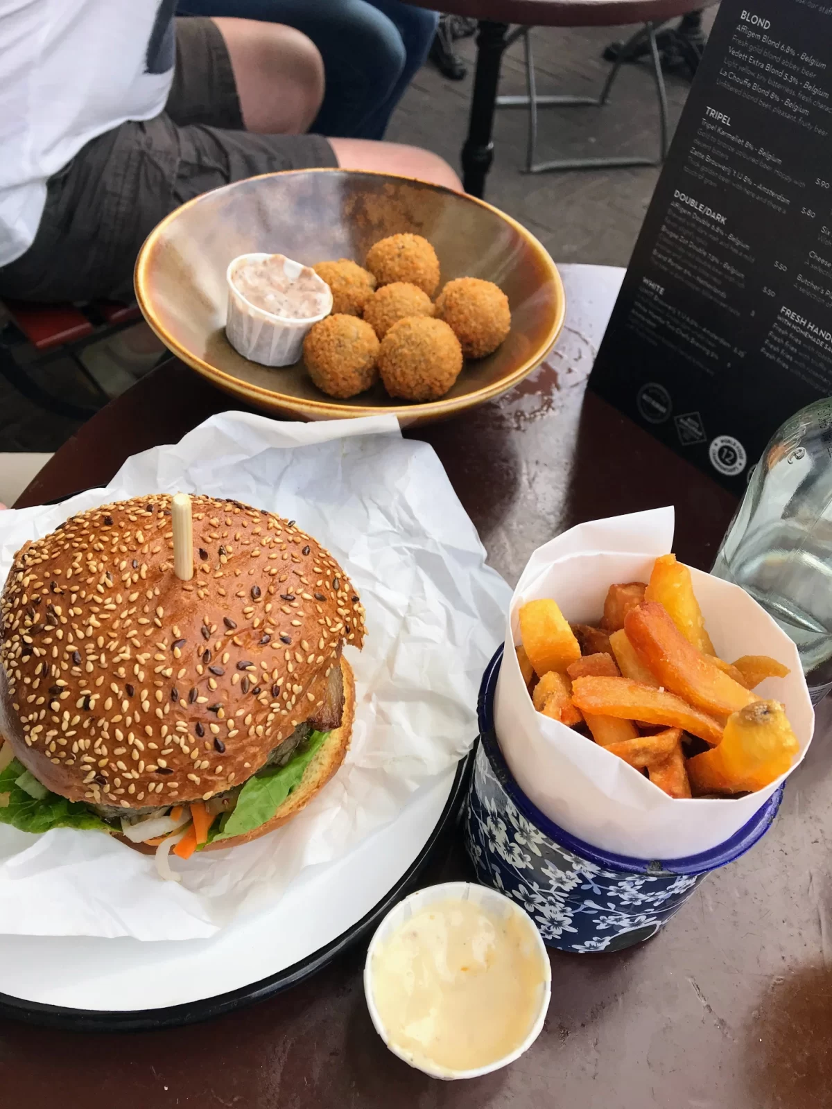 What to eat in Amsterdam? Bitterballen and fries with mayo. Traditional Dutch food Amsterdam